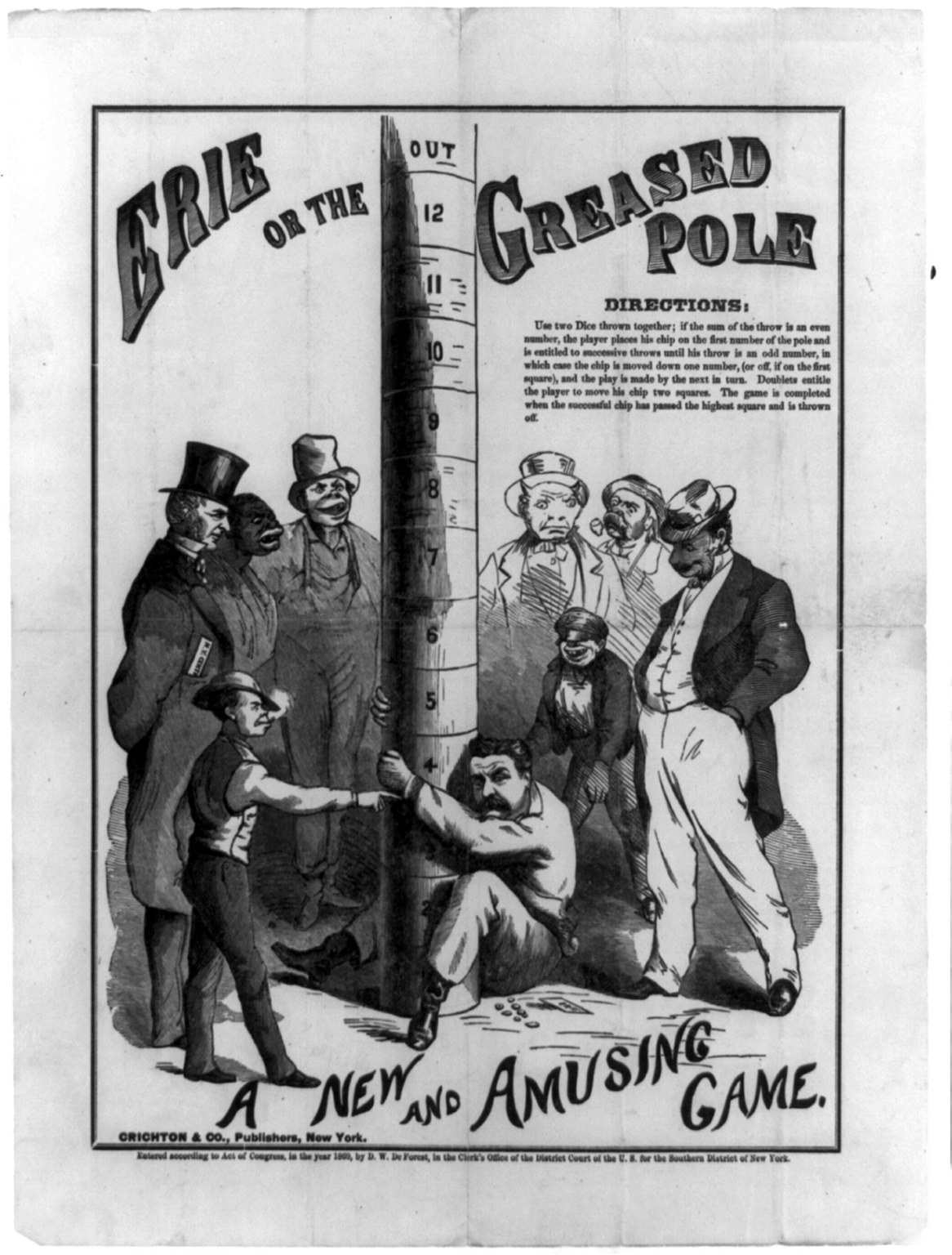 Schwarzes und weißes Plakat, das "Erie oder den geschmierten Pfahl: Ein neues und amüsantes Spiel" ankündigt, mit einer Gruppe von Menschen um einen Pfahl.