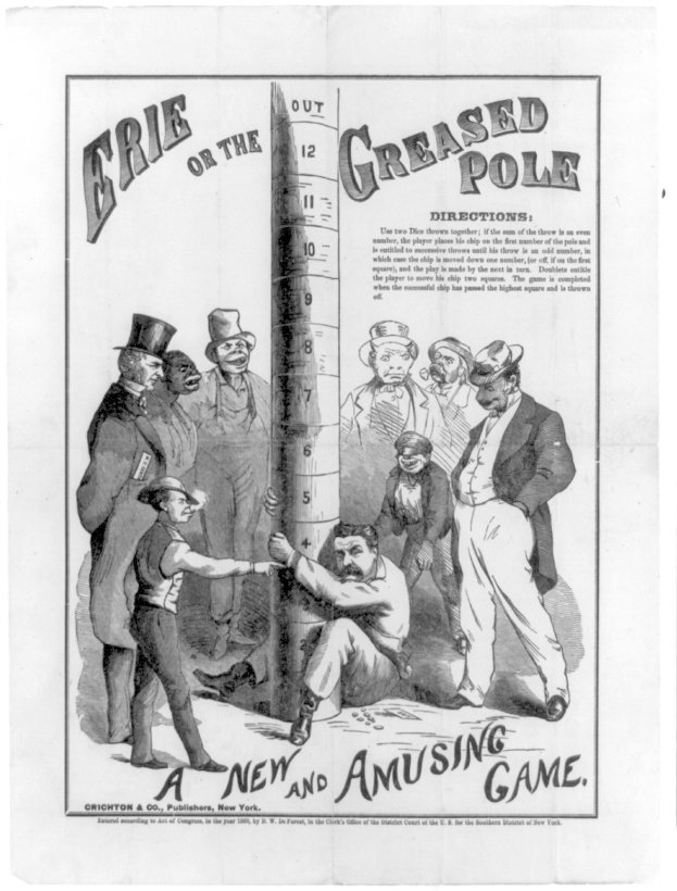 Schwarzes und weißes Plakat, das "Erie oder den geschmierten Pfahl: Ein neues und amüsantes Spiel" ankündigt, mit einer Gruppe von Menschen um einen Pfahl.