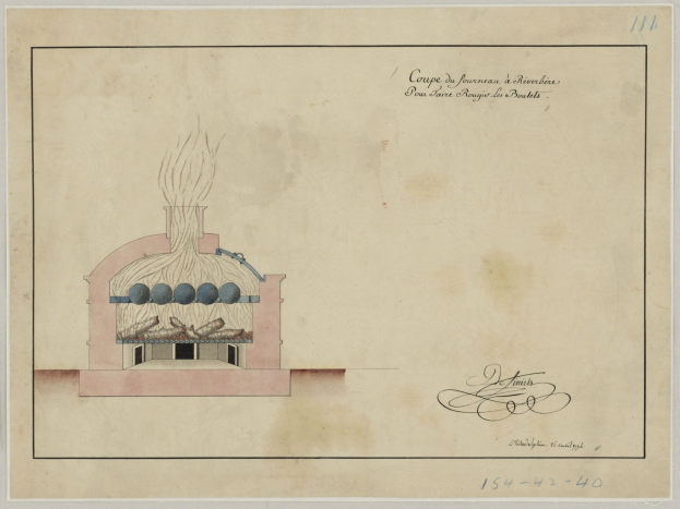 Eine Zeichnung eines rauchenden Gebäudes, wahrscheinlich ein Luftschutzbunker, auf einem Blatt Papier mit handgeschriebener Schrift.