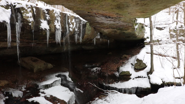 Ein kleiner Wasserfall ergießt sich über einen schneebedeckten, felsigen Hang in einem bewaldeten Gebiet, mit Eiszapfen an den Felsen und schneebedeckten Bäumen im Hintergrund.