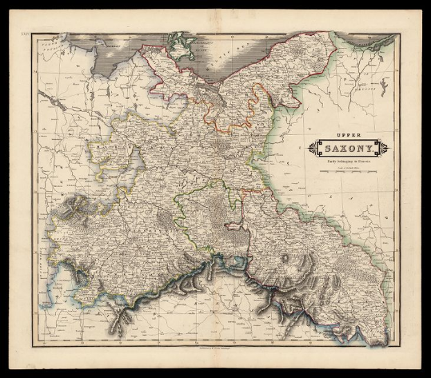 Ein altes Sachsen-Karte von Deutschland mit einem schwarzen Hintergrund, das Provinzen, Städte und geografische Merkmale detailliert, einschließlich Bevölkerung und Stadtinformationen.