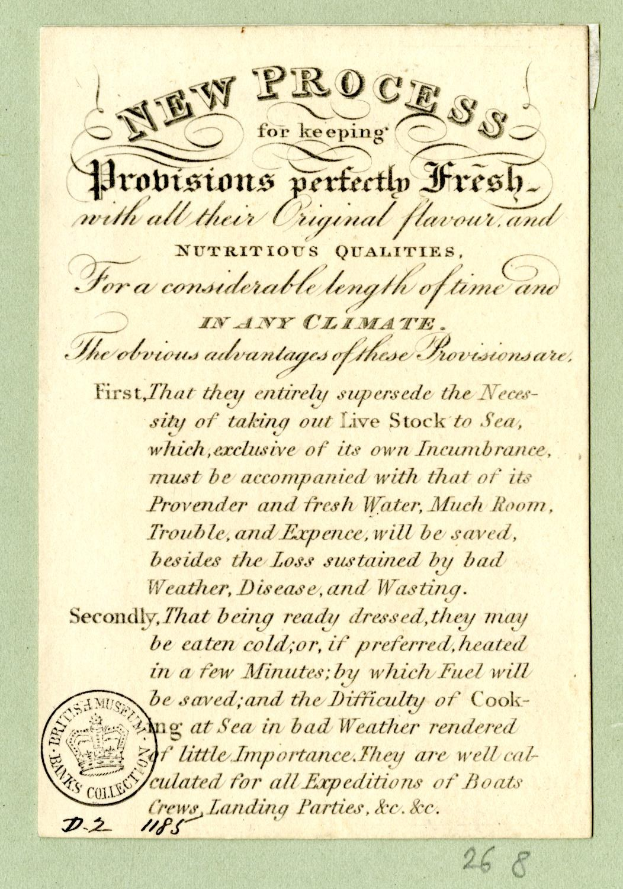 Papier mit gedrucktem Text, der "Neuer Prozess zum perfekten Frischhalten von Probiotika" und einen Stempel auf der linken Seite trägt.