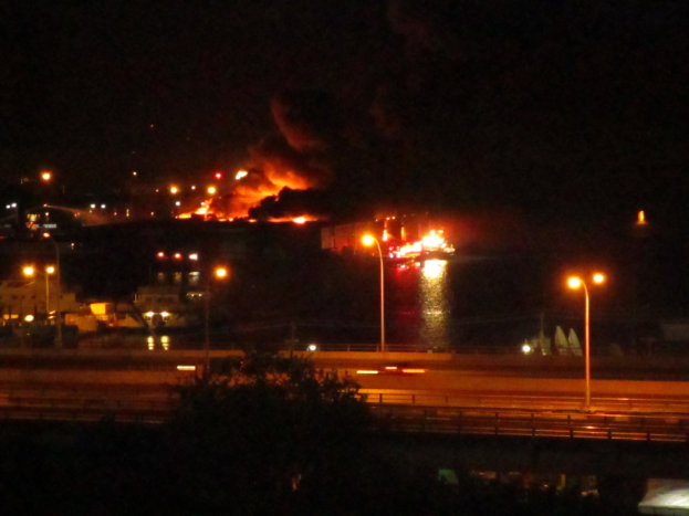 Großbrand in einer Stadt bei Nacht, beleuchtet von Straßenlaternen, mit einem Baum im Vordergrund und einem Gewässer in der Nähe.