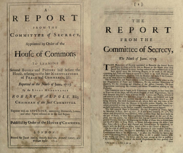 Ein offenes Buch mit dem Titel "Der Bericht des Geheimhaltungsausschusses, ernannt durch Beschluss des House of Commons" auf dem Cover.