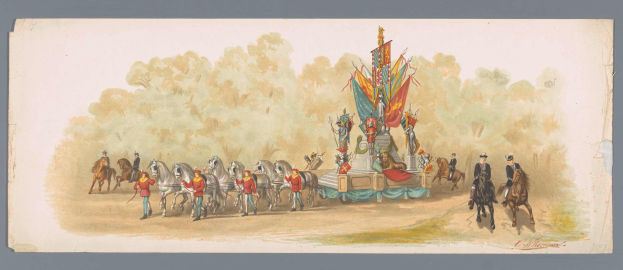 Ein Gemälde von einem Karnevalsumzug mit Menschen in bunten Kostümen, die auf Pferden vor einem geschmückten Wagen reiten, vor einem klaren blauen Himmel mit Bäumen im Hintergrund.