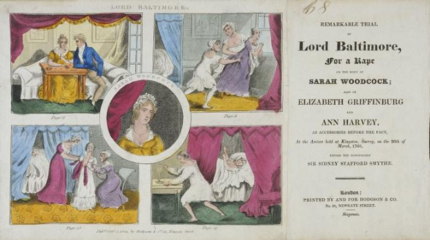 Ein historisches Dokument, das einen Prozess gegen Lord Baltimore wegen angeblicher Vergewaltigung zeigt, einschließlich Illustrationen von Menschen und Text.