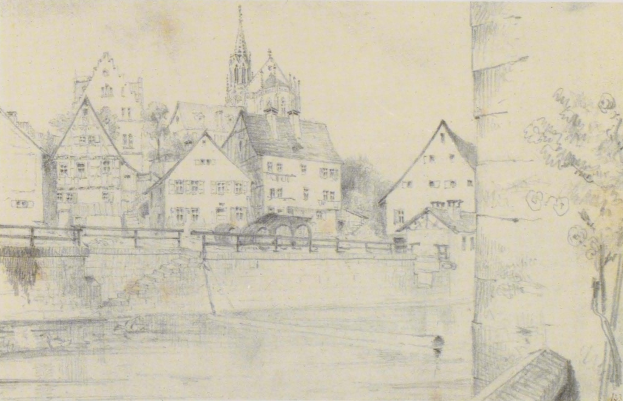 Schwarz-weißer Bleistift-Zeichnung betitelt 'Nürnberg, Deutschland' von Joseph Mallord William Turner, zeigt eine Stadtlandschaft mit einem Fluss, Gebäuden, Bäumen und einer Brücke.