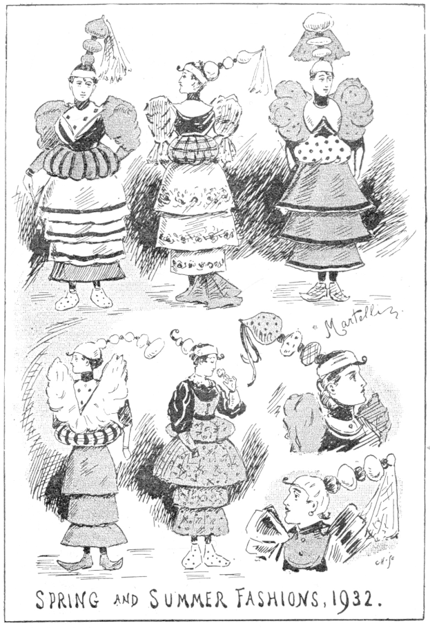 Schwarze und weiße Illustration von Frauenmodeplakaten aus dem Jahr 1932, mit detaillierten Skizzen von Kleidern mit begleitendem Text.