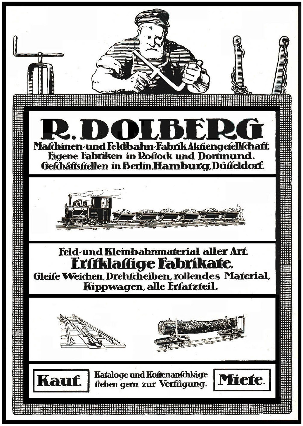 Werbung für die Fabrik von R.D. Dolberg in Hamburg, Deutschland, mit Text, einer Person, einem Zug und anderen Gegenständen.