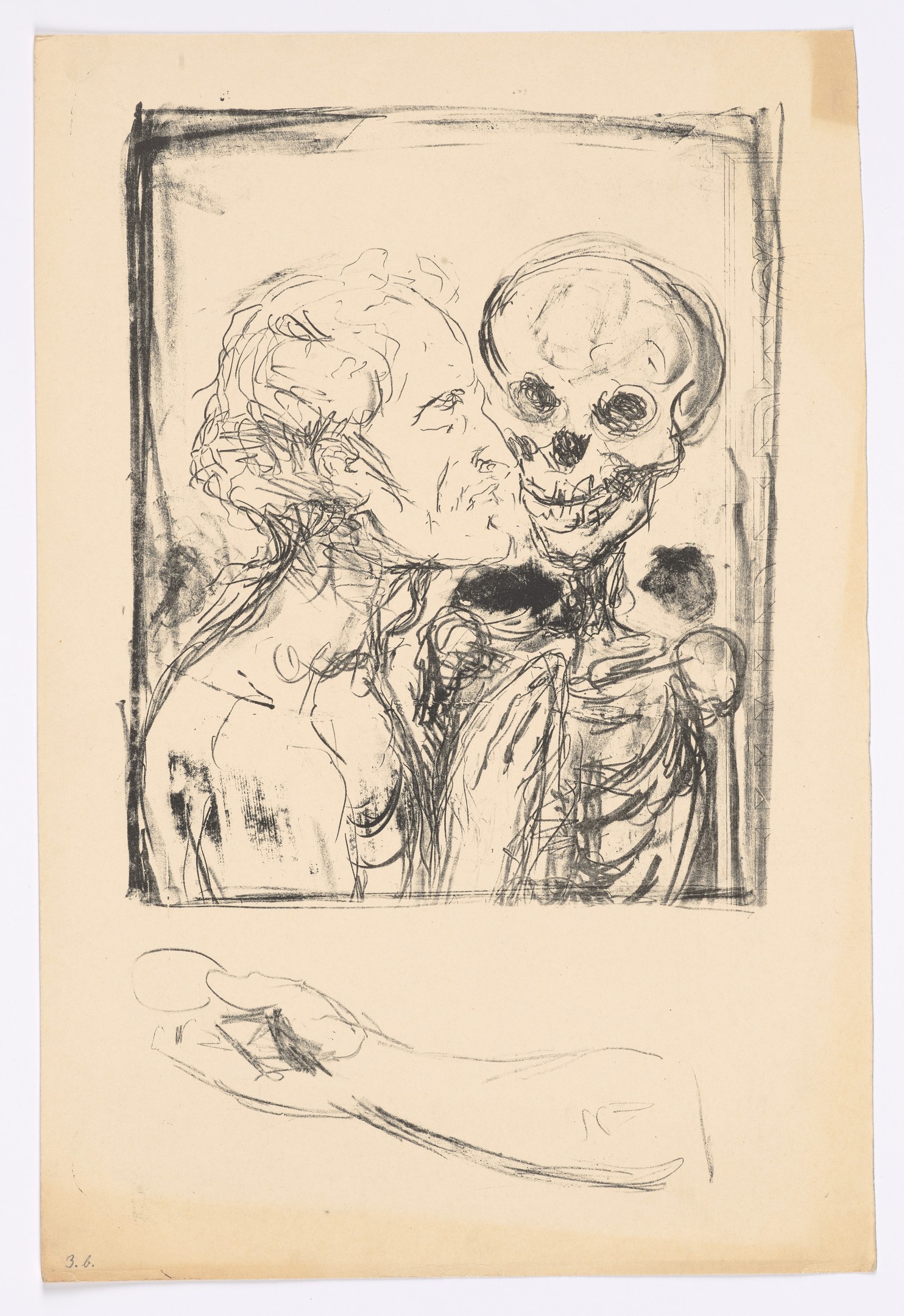 Eine Zeichnung eines Mannes und einer Frau, die sich umarmen und küssen, mit einem Schädel im Hintergrund; beide haben friedliche Gesichter.