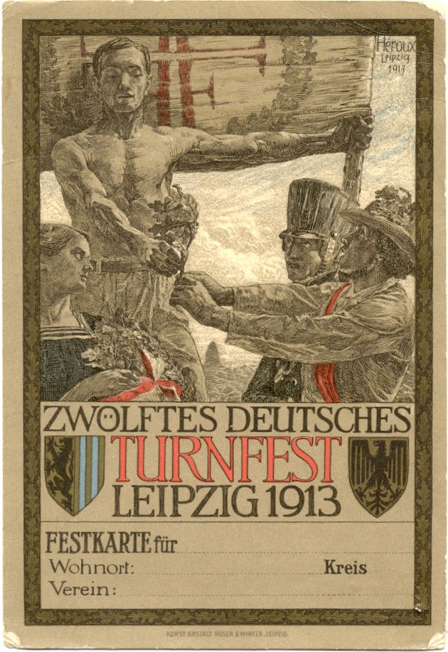 Plakat für das Zwölffes Deutsche Turnfest Leipzig 1913, das eine zentrale Personengruppe und Text mit Veranstaltungseinzelheiten zeigt.