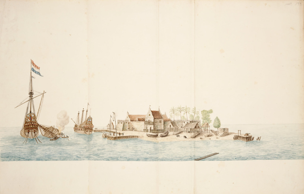 Ein Plakat, das Schiffe, Boote, Häuser, eine Hütte, Pfosten, eine Flagge und Wasser zeigt.