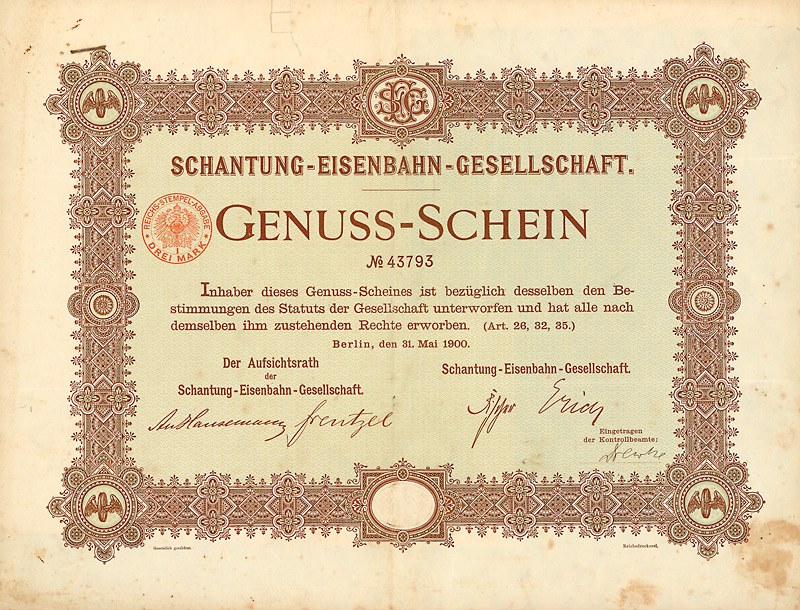 Alter deutscher Genuss-Schein-Actien-Schein mit Text und dekorativen Gestaltungselementen.