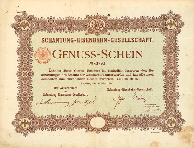 Alter deutscher Genuss-Schein-Actien-Schein mit Text und dekorativen Gestaltungselementen.