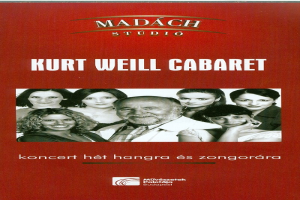 Plakat für das Kurt-Weill-Cabaret-Konzert, das ein zentrales menschliches Gesicht zeigt, umgeben von einer Gruppe von Menschen und Text, der wahrscheinlich den Konzerttitel angibt.