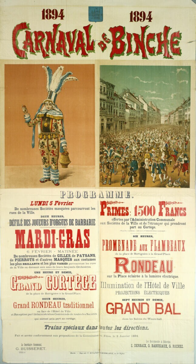 Ein Vintage-Plakat wirbt für einen Karneval in Banche, Frankreich, mit Illustrationen von Menschen, Gebäuden und Text.