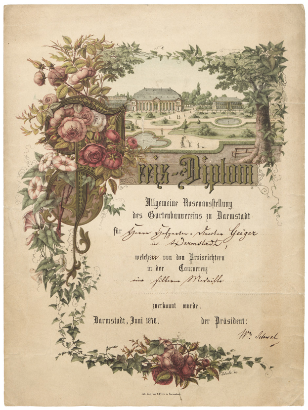 Ein altes Dokument mit einem Gebäude, das von Bäumen, Pflanzen und Blumen umgeben ist, mit der Inschrift "1870 Deutsches Diplom für die Gärtner in Darmstadt".