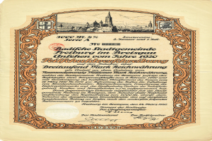 Ein altes deutsches Aktienzertifikat mit einer Stadtansicht-Illustration und gedrucktem Text über die Herkunft der Aktie.