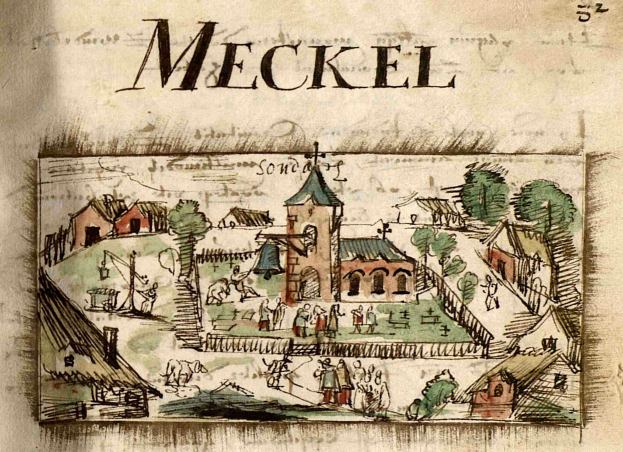 Ein altes Buch mit einer Zeichnung einer mittelalterlichen Stadt mit Häusern, Bäumen und Menschen, sowie beschreibendem Text.