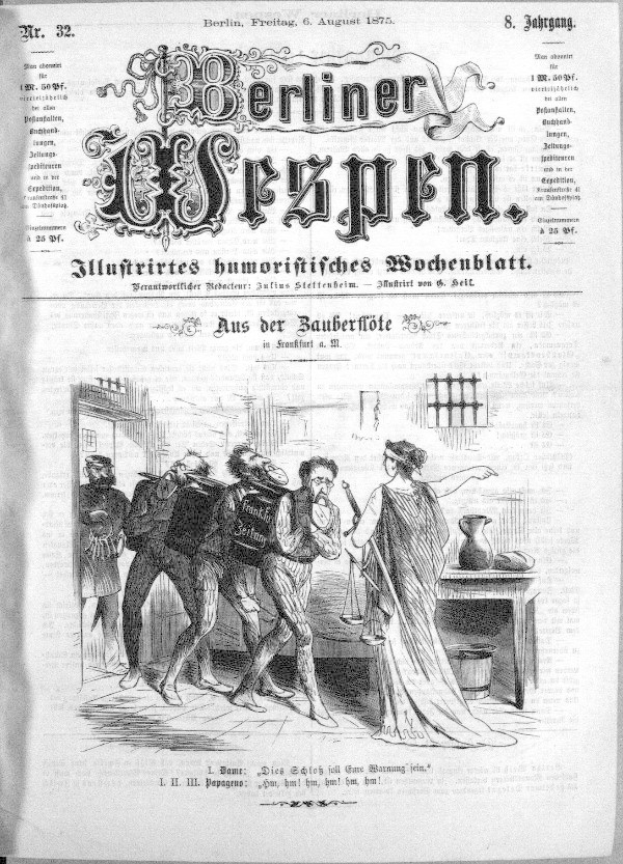 Schwarze und Wei├če Zeitung vom 'Berliner Wespen, 6. August 1875' mit einer verst├Ârzten Gruppe von Menschen, einige schauen erschrocken hoch und andere verwirrt nach unten.