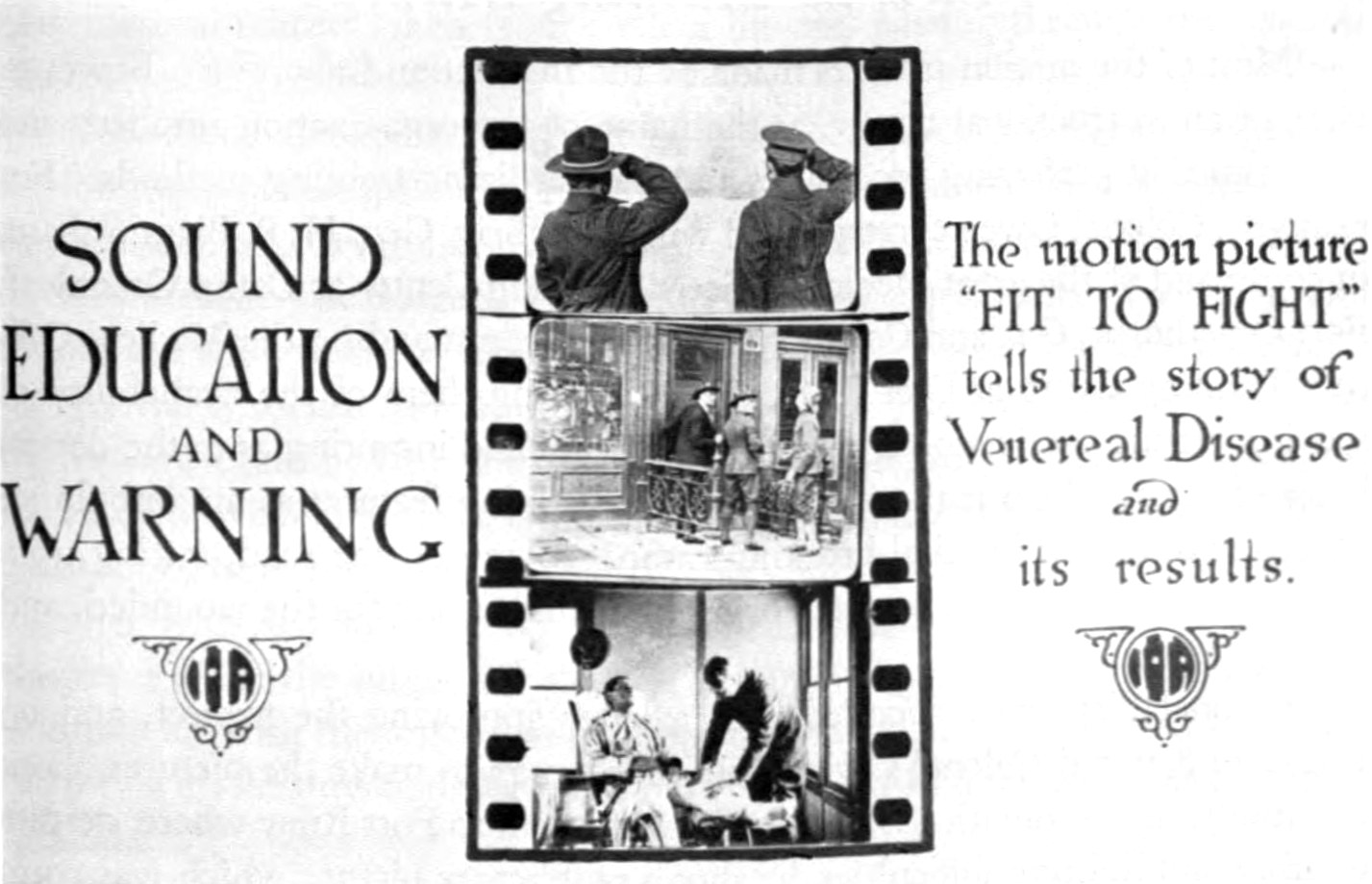 Schwarzes und weißes Plakat mit einer Gruppe von verängstigten Menschen in einem Raum, das den Text "Sound Education and Warning" oben enthält.