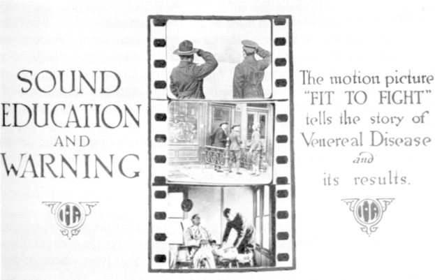 Schwarzes und weißes Plakat mit einer Gruppe von verängstigten Menschen in einem Raum, das den Text "Sound Education and Warning" oben enthält.