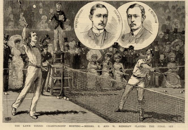 Eine Schwarz-Weiß-Zeichnung von zwei Männern, die auf einem Platz mit Netz Tennis spielen, und Zuschauern im Hintergrund, mit Text unten: "The Lawn Tennis Championship Meeting - Messers, E and W Renshaw Playing the Final Set".