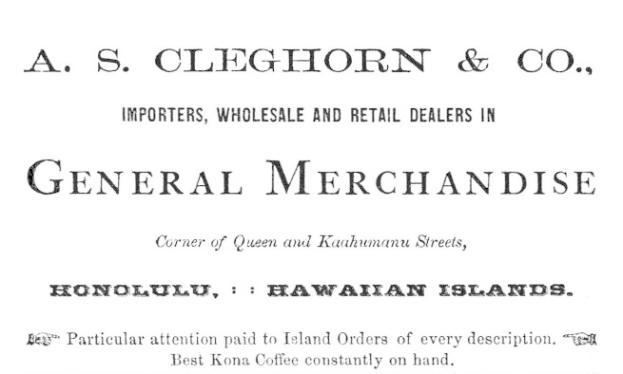Schwarz-weißes Papier mit dem Text "A.S. Cleghorn & Co. Importeure, Groß- und Einzelhandelsgeschäft für Allgemeinwaren."
