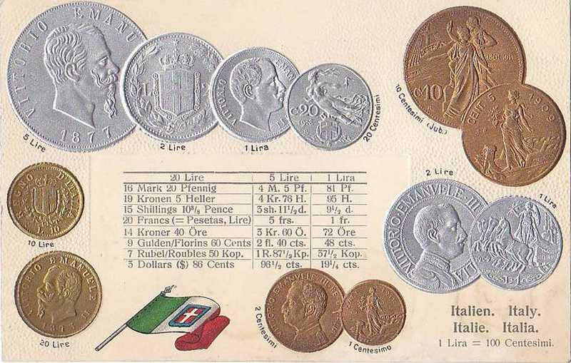 Eine Sammlung italienischer Münzen von 1877–1910, darunter mehrere 20-Lire-Stücke, auf Papier angeordnet mit italienischen Flaggen unten.