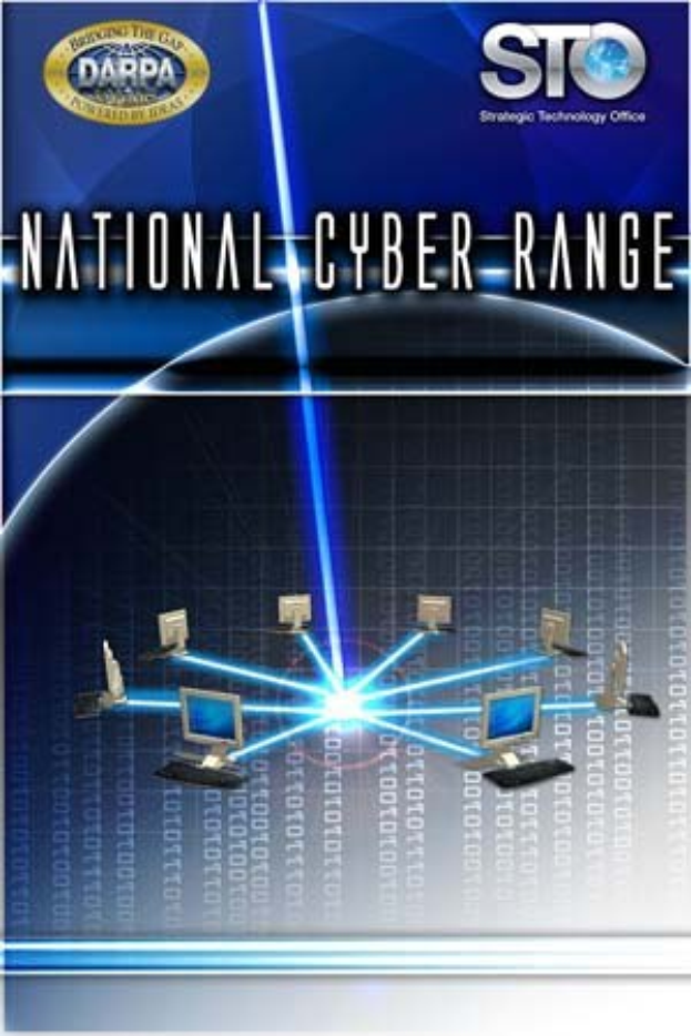 Plakat mit "Nationaler Cyber-Range" in fetter, weißer Schrift auf blauem Hintergrund, das eine Weltkugel mit mehreren angeschlossenen Computern zeigt.