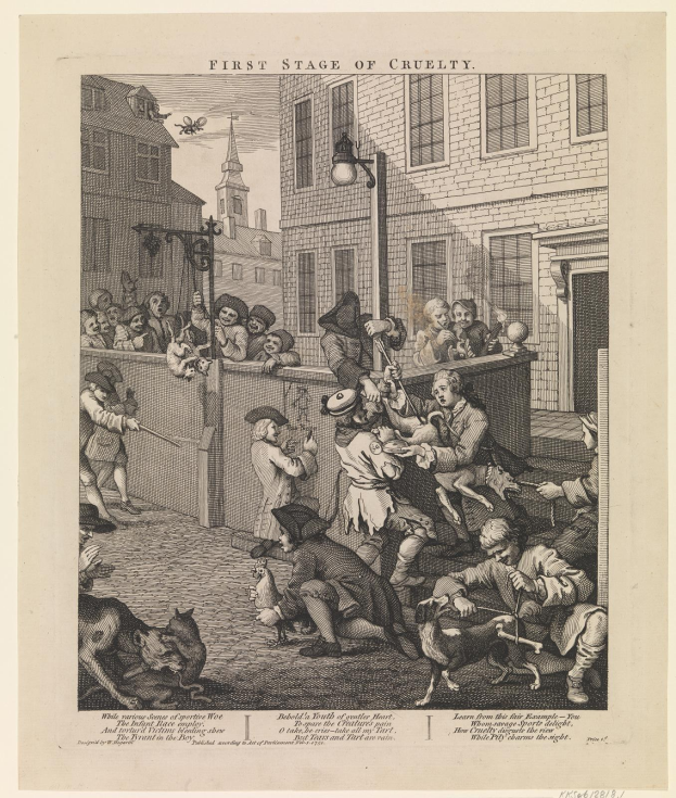 Gruppe von Menschen und Tieren versammelt um ein Gebäude mit Fenstern und einem Laternenmast, mit Text 'Erste Stufe der Grausamkeit' unten.