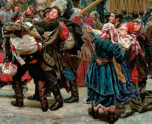 Gemälde, das eine lebhafte Szene von Menschen zeigt, die vor einer Menge tanzen, während der russischen Revolution, gekleidet in traditionelle russische Kleidung, mit einem hölzernen Haus im Hintergrund.