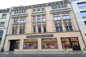 Ein Schaufenster namens 'Schuhe & die Stadt' mit Schaufensterpuppen in Kleidern, Topfpflanzen, einem Schild, einem Straßenschild und Drähten unter einem bewölkten Himmel.