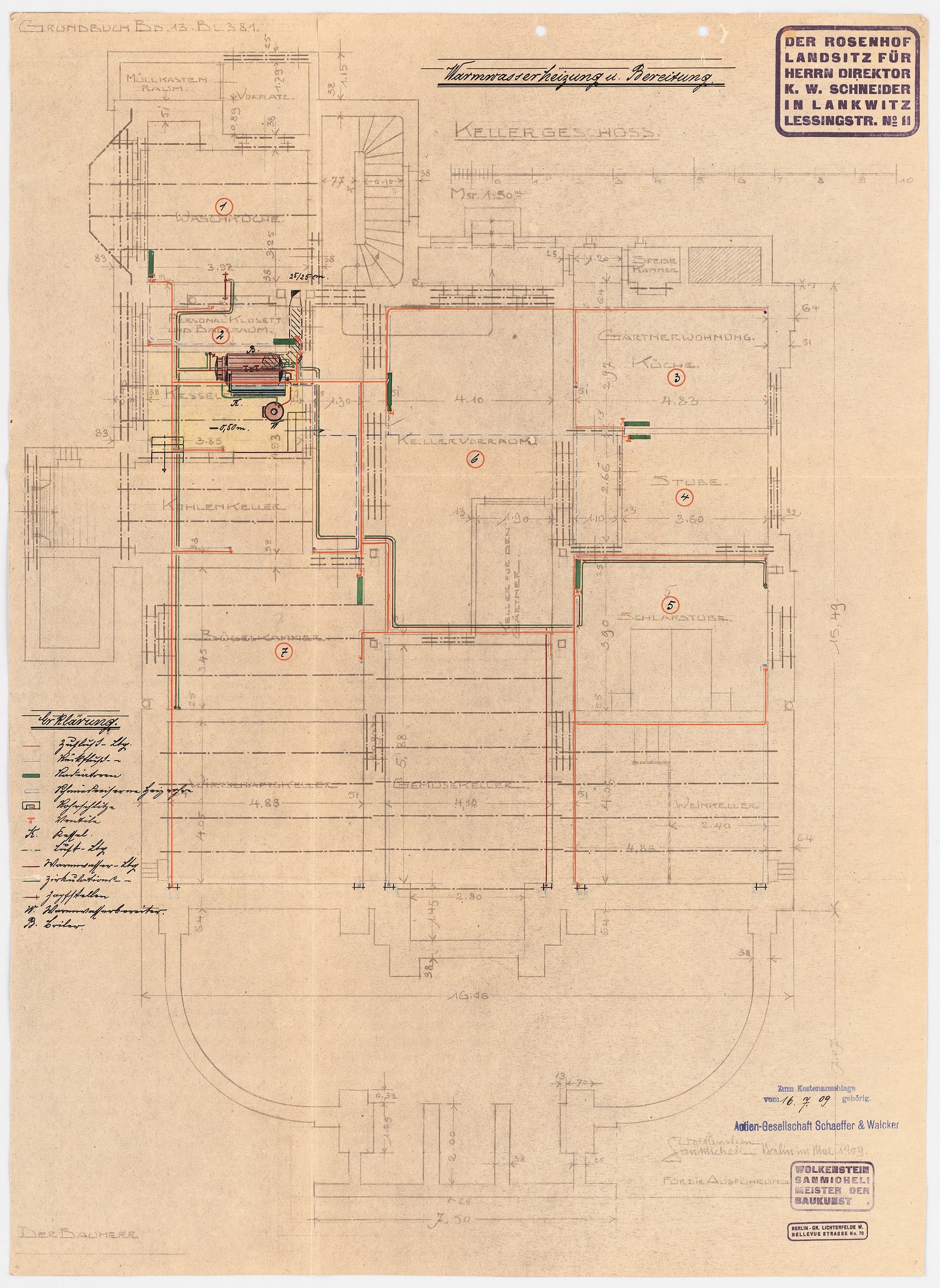 Schwarzes und weißes Architekturzeichnung des Rosenhof-Krankenhauses in Hamburg, Deutschland, zeigt detaillierte Pläne mit zahlreichen Drähten, Zimmern, Fluren und Textanmerkungen auf altem Papier.