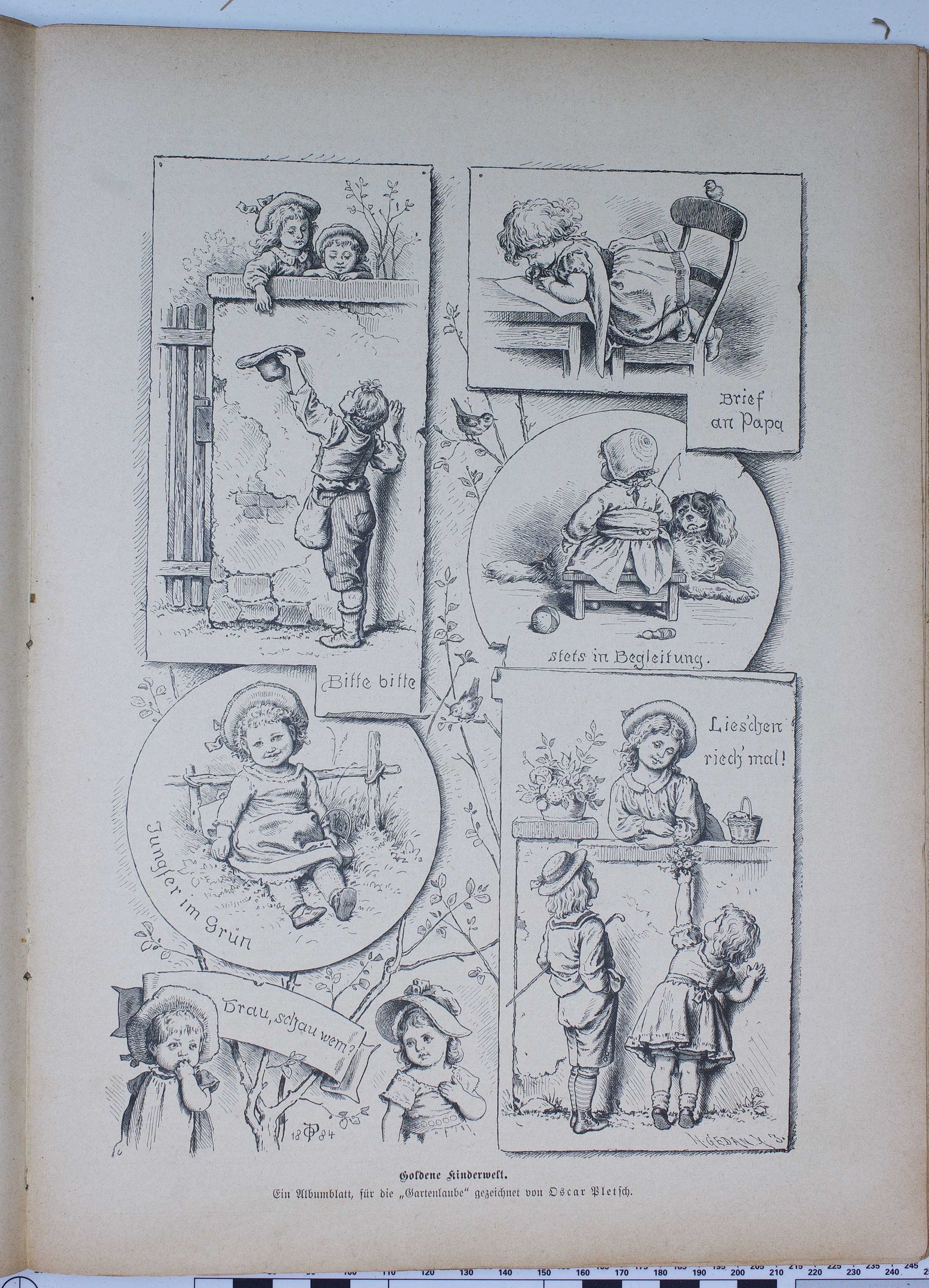 Ein aufgeschlagenes Buch auf einer flachen Oberfläche zeigt eine farbenfrohe Illustration von verschiedenen Kindern, die fröhlich zusammen in einem grünen Garten mit Bäumen und Sträuchern spielen.