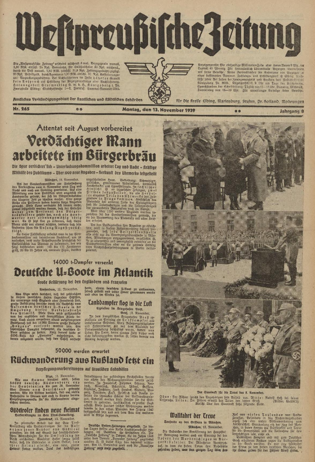 Titelseite einer deutschen Zeitung vom 13. November 1939 mit der Schlagzeile 'Weitpreubliche Zeitung', die eine Gruppe von Menschen in traditioneller deutscher Kleidung zeigt.