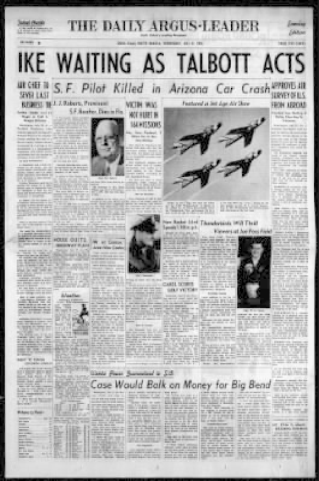 Die Titelseite der Daily Argus-Leader-Zeitung aus Arizona mit schwarzem Hintergrund, der Schlagzeile 'Ike Waiting as Talbott Acts' und mehreren Bildern von Menschen und Flugzeugen.