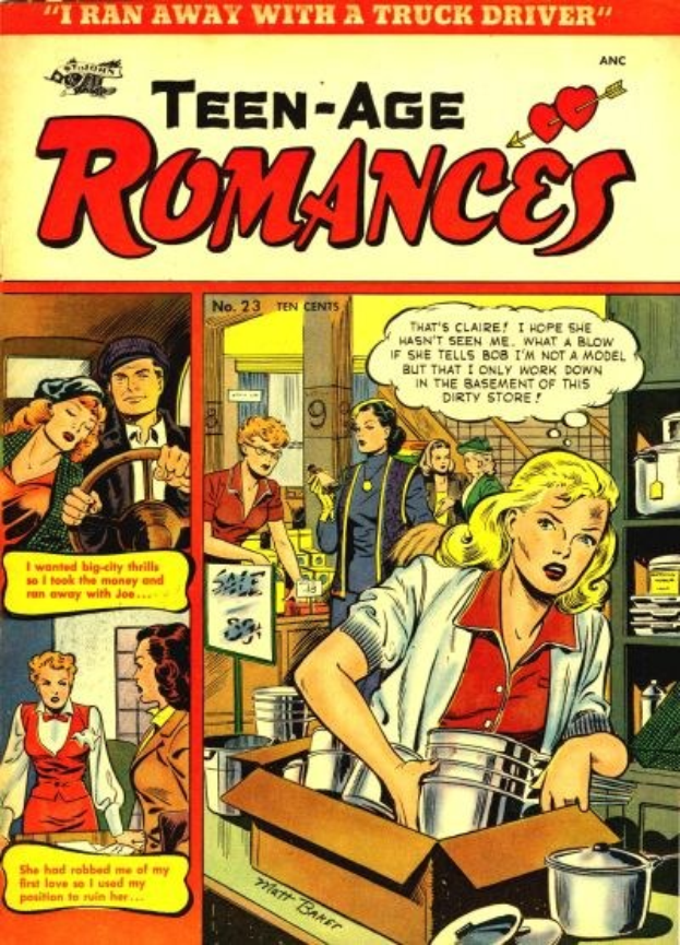 Ein farbenfrohes Plakat mit der Aufschrift 'Teen-Age Romances 23-A von DC', das eine Gruppe von Menschen in einer romantischen Umarmung zeigt, die lächeln und sich in die Augen schauen.