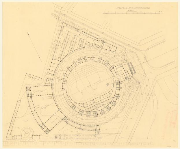 Schwarz-weißer Architekturplan eines Stadiongeländes mit umliegenden Gebäuden, beschriftet als der vorgeschlagene Sport Hall in London, mit handschriftlichen Anmerkungen.