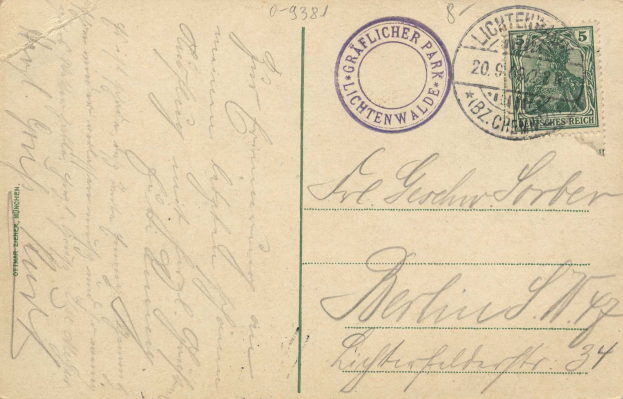 Alte Postkarte mit einer Briefmarke, die "Lichtenwald, Deutschland - Einschreiben nach Deutschland" lautet, mit handgeschriebener Textstelle und zwei zusätzlichen Briefmarken oben rechts.