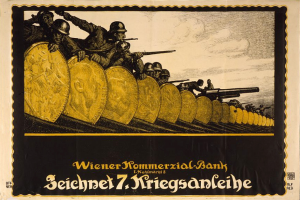Ein deutscher Propagandaplakat aus dem Zweiten Weltkrieg, das eine Gruppe von Helmetträgern mit 'Wiener Kommmerzial Bank' Text am Boden zeigt.