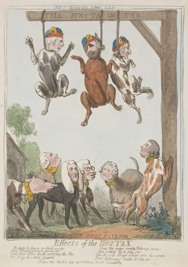 Ein Blatt mit einer Zeichnung von Menschen und Tieren, darunter ein Hund, der an einem hölzernen Pfahl hängt, und Text, der die Auswirkungen einer Hundesteuer beschreibt.