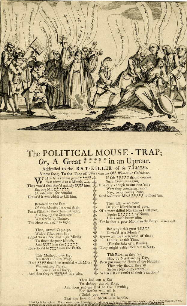 Politischer Cartoon mit dem Titel "Die politische Mausefalle, oder, ein großer Rattenkiller in Aufruhr" zeigt beunruhigte Menschen, die auf Chaos reagieren.