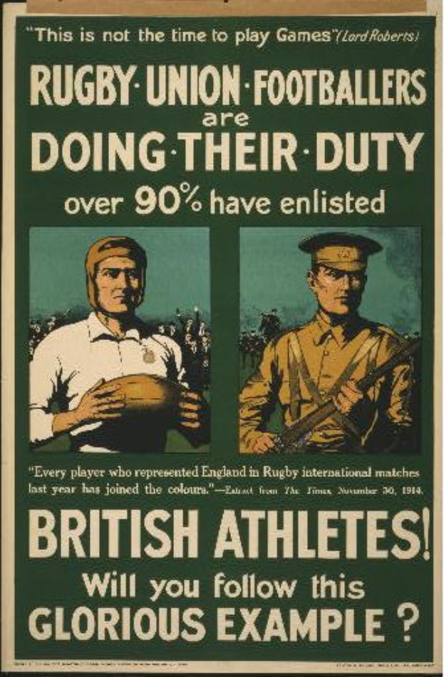 Ein Vintage-Plakat mit zwei Rugby-Union-Fußballern, das ihre Einberufung in den Dienst bewirbt und angibt, dass über 90 % der britischen Athleten eingezogen sind.
