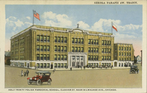 Plakat der Heiligen Dreifaltigkeit Polnischen Pfarrschule in Cleveland, Ohio, zeigt ein Gebäude mit Fenstern, Menschen, Fahrzeugen, Flaggen und einem bewölkten Himmel mit Text unten.