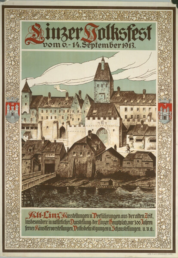 Alter Plakatwerbung eines Festivals in Deutschland, mit einer Illustration einer Burg umgeben von Häusern und Text mit Festivaldetails.