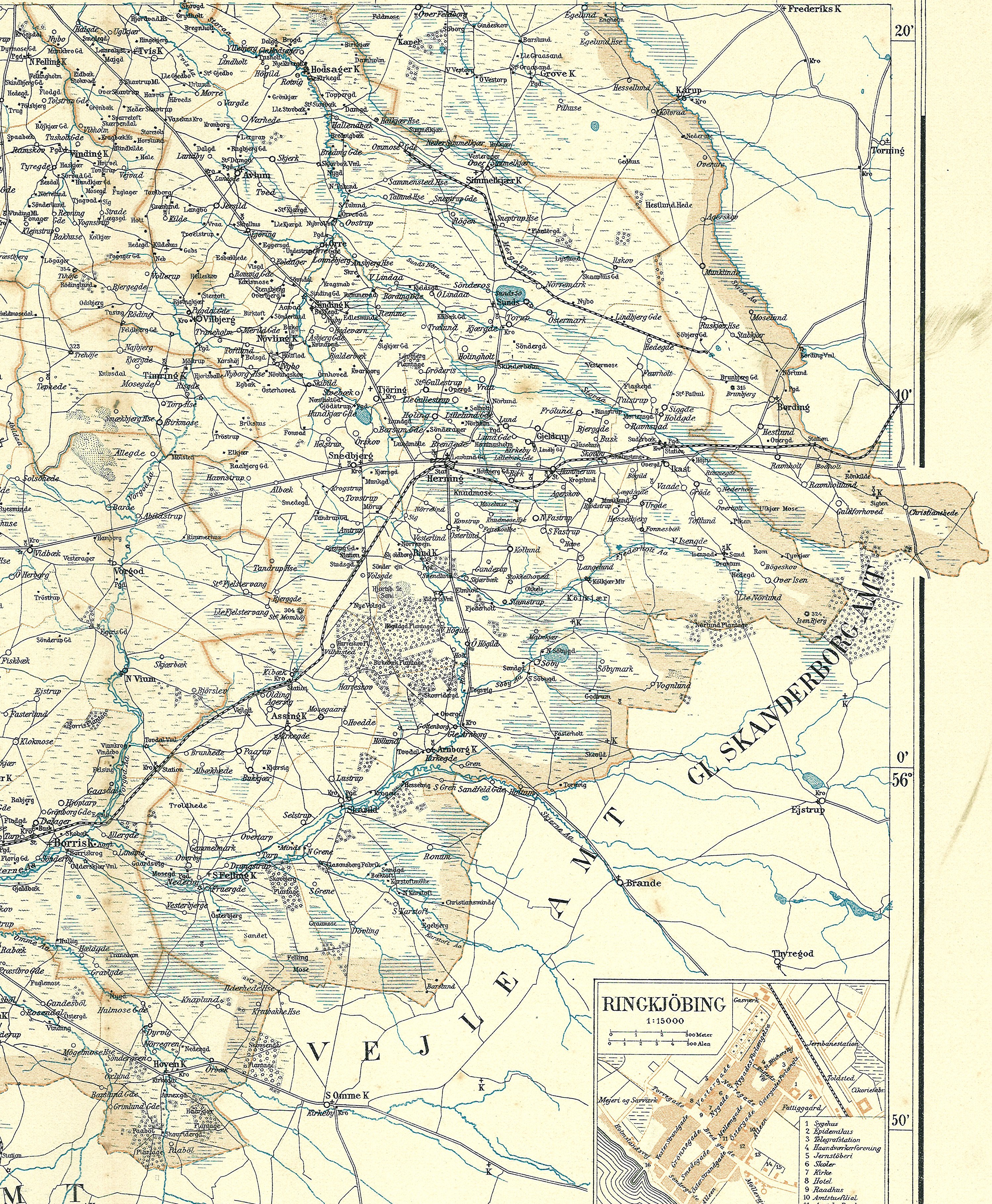 Ein alter Stadtplan von Rinkjöbing, Deutschland, auf Papier gedruckt, der Straßen, Autobahnen und andere Merkmale mit Text und Zahlen zeigt.